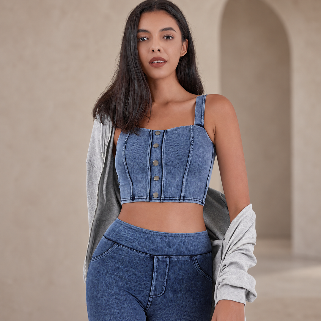 VISSONG Square-Neck Button-Front Denim Crop Top