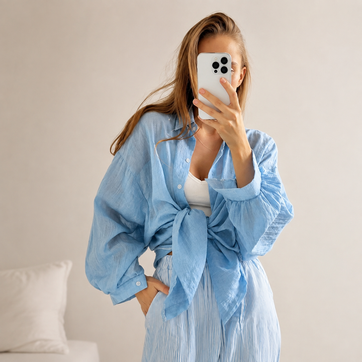 Airy Textured Oversized Button-Up Shirt