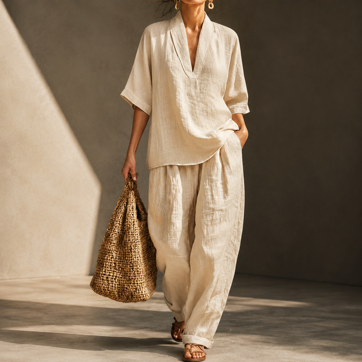 Women’s V Neck Loose Linen Set