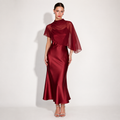 Elegant Sheer Cape Satin Midi Dress