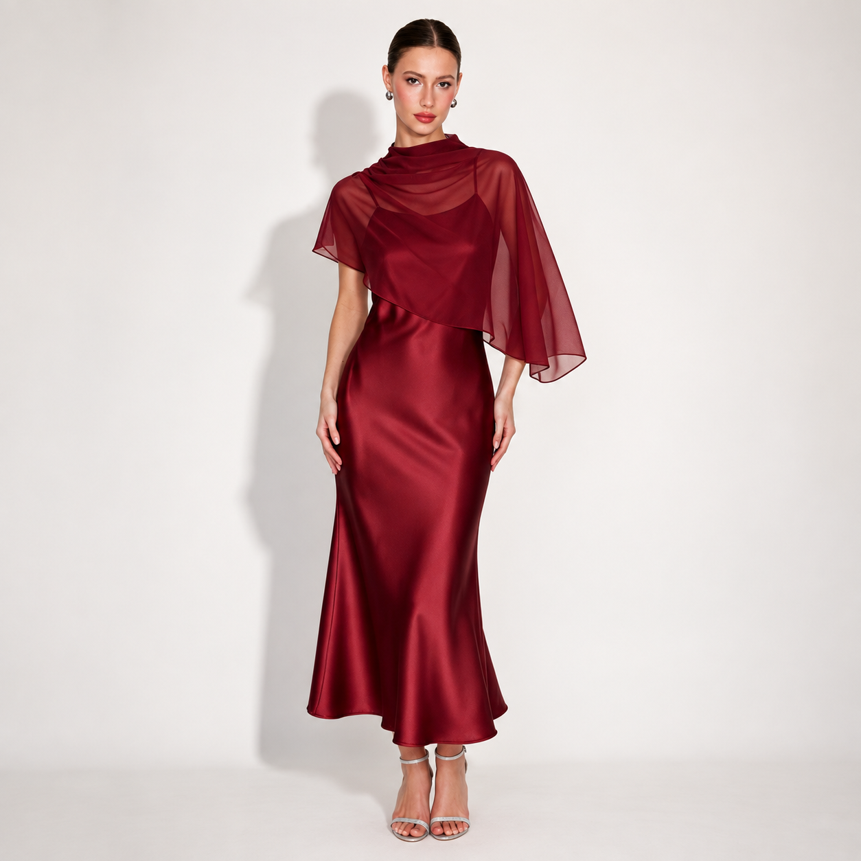 Elegant Sheer Cape Satin Midi Dress