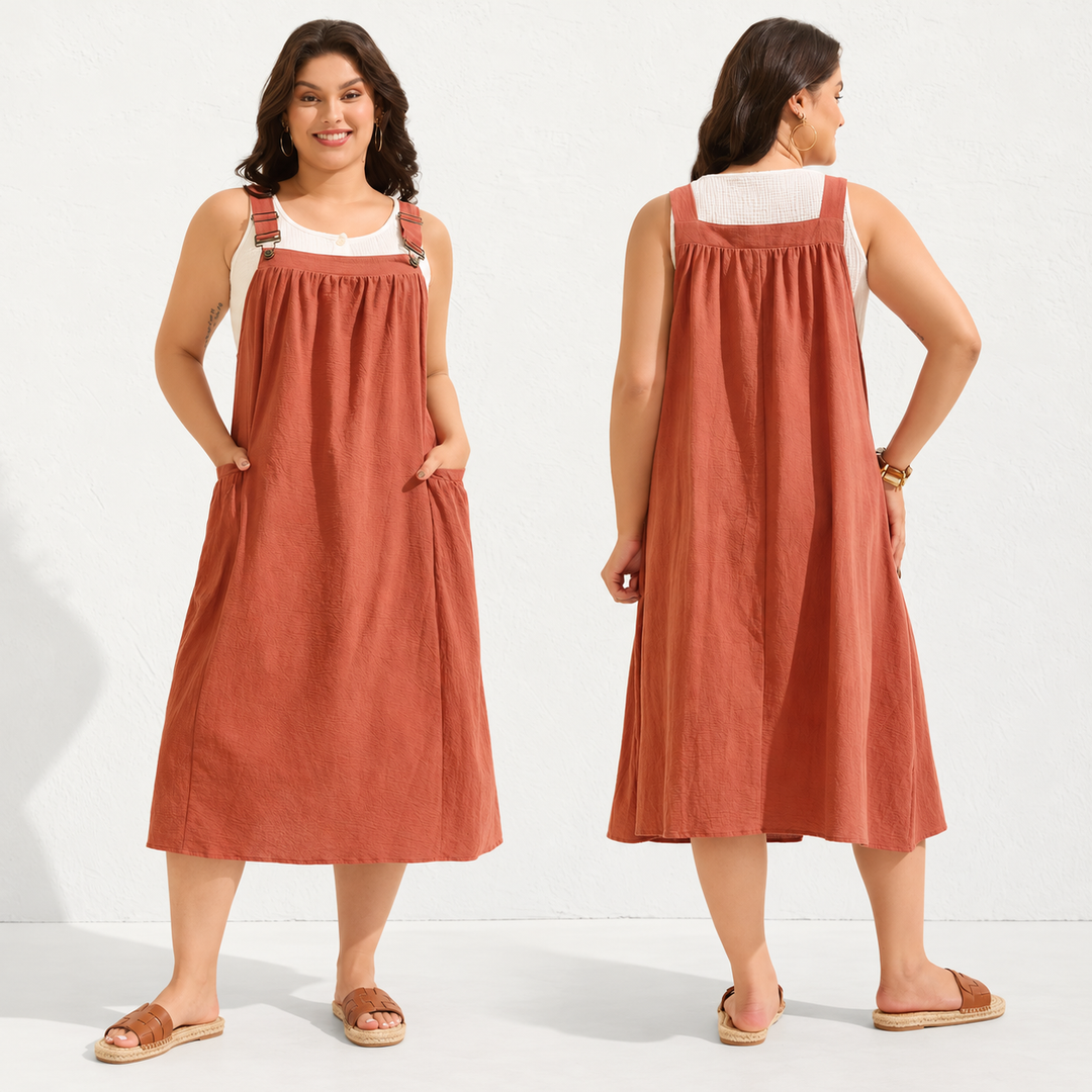 Women’s Cotton Buckle-Strap Gathered Pocket Pinafore Dress