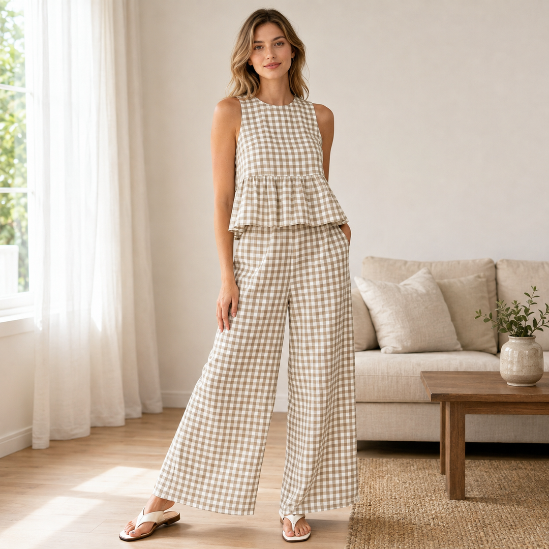 Gingham Peplum Top &amp; Wide-Leg Pants Set