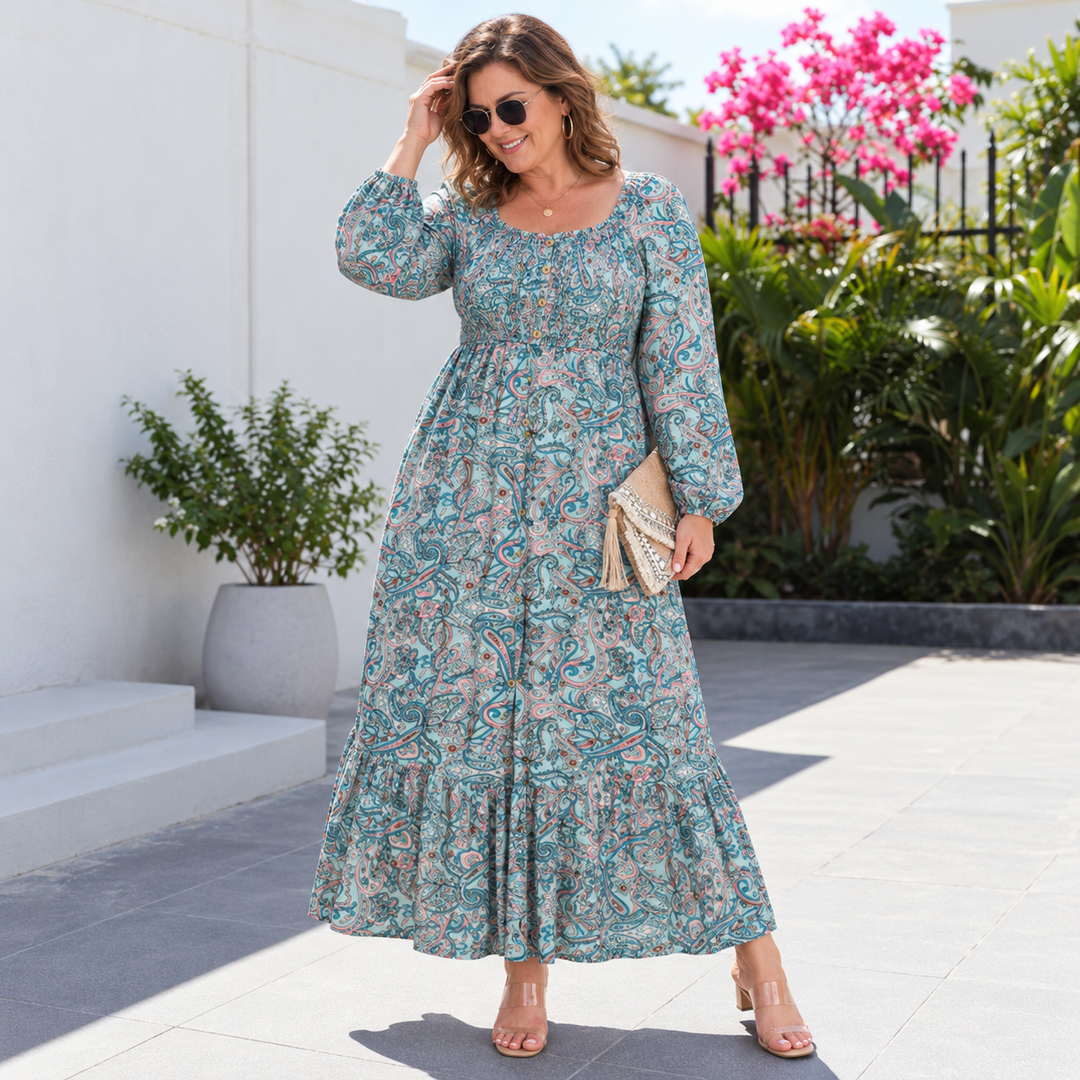 VISSONG Women’s Printed Smocked-Bodice Long-Sleeve Maxi Dress