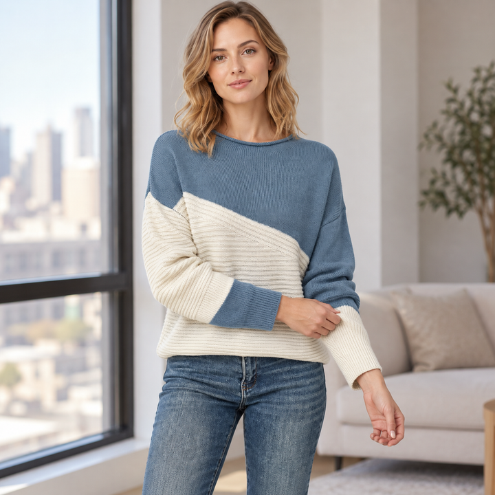 VISSONG Women’s Diagonal Colorblock Mixed-Knit Sweater