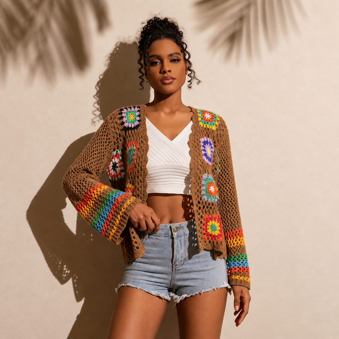 VISSONG Colorful Granny Square Crochet Cardigan