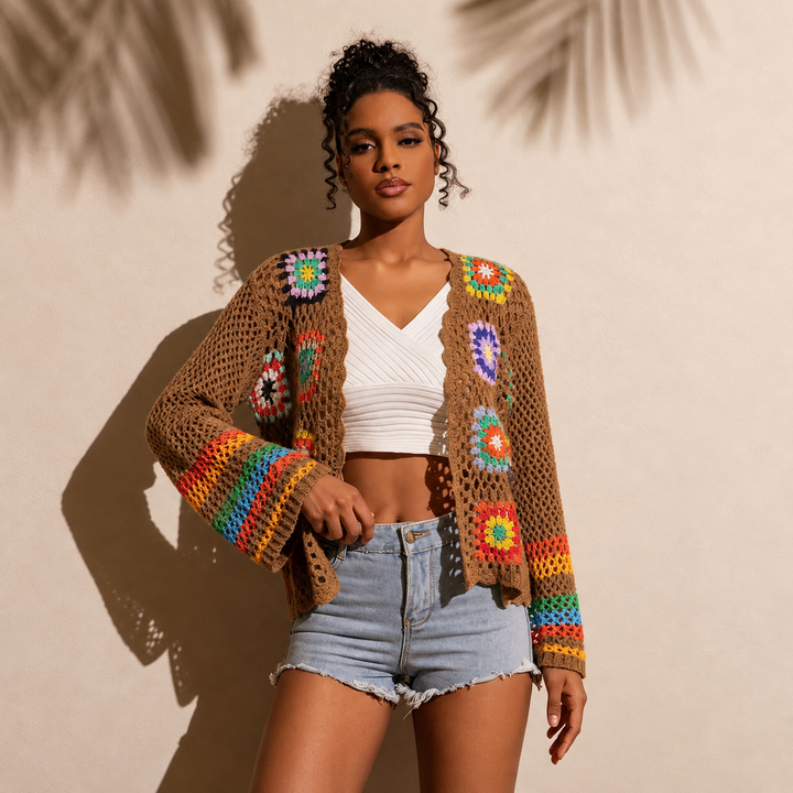 VISSONG Colorful Granny Square Crochet Cardigan