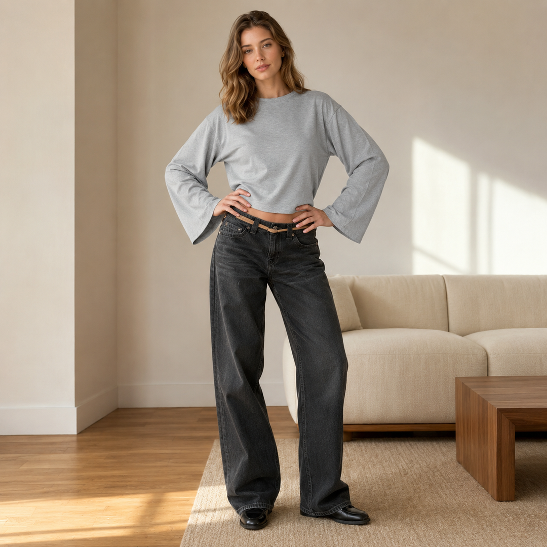Wide-Sleeve Cinched-Waist Cropped Top