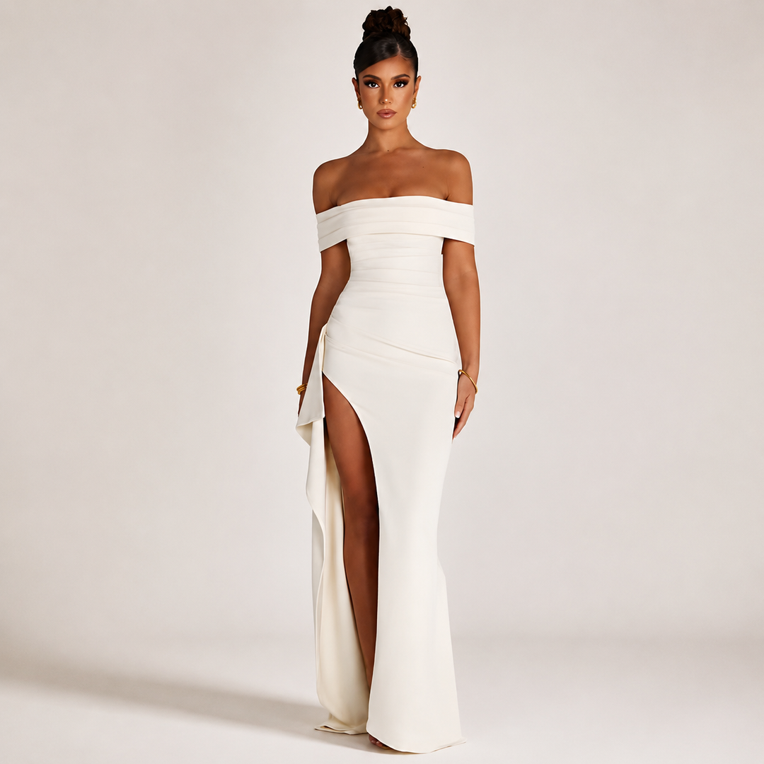 Off-Shoulder Ruched High-Slit Maxi Dress