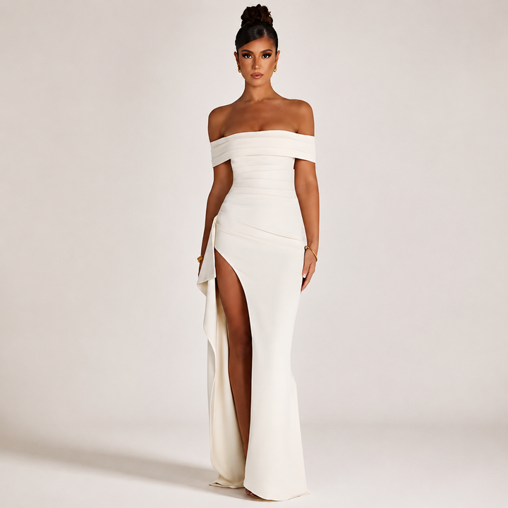 Off-Shoulder Ruched High-Slit Maxi Dress