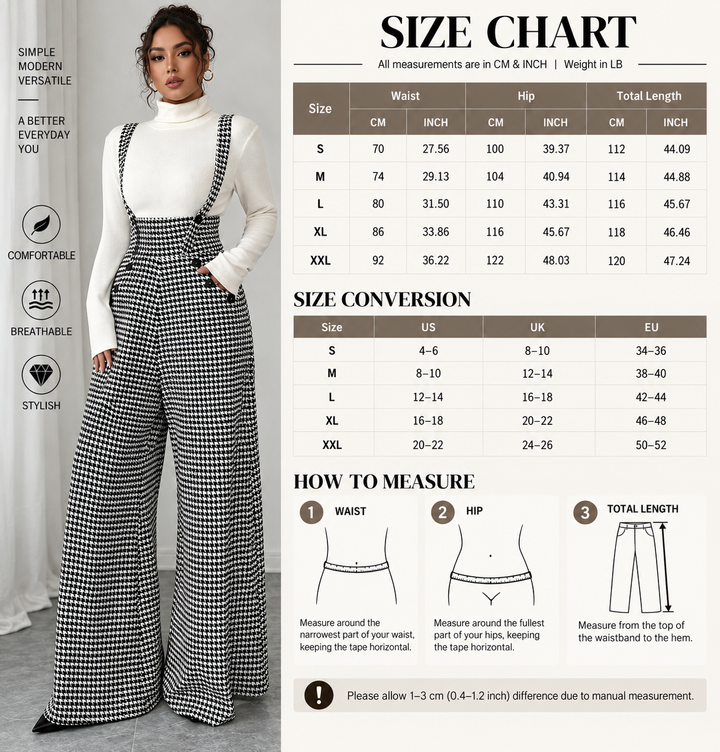 VISSONG Women’s Houndstooth Wide-Leg Suspender Pants