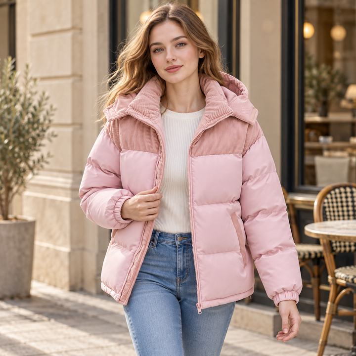 VISSONG Women’s Corduroy-Panel Hooded Puffer Jacket