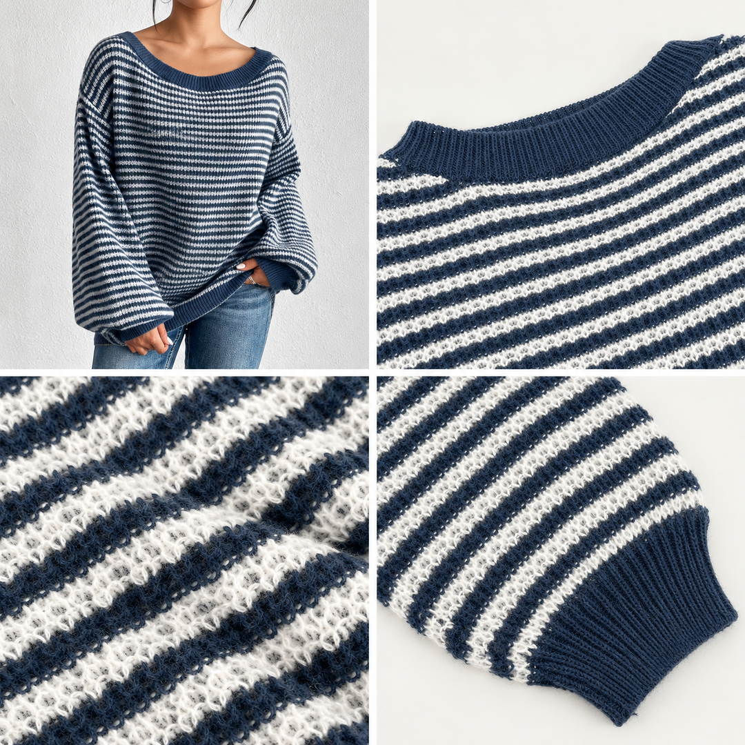 VISSONG Women’s Wide-Neck Fine-Stripe Relaxed Knit Sweater