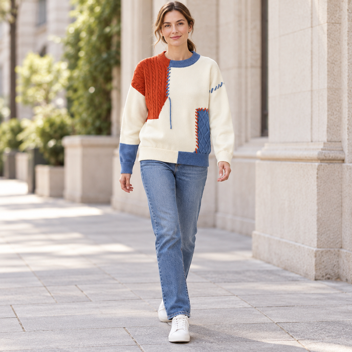 VISSONG Women’s Contrast-Stitch Cable Panel Knit Sweater