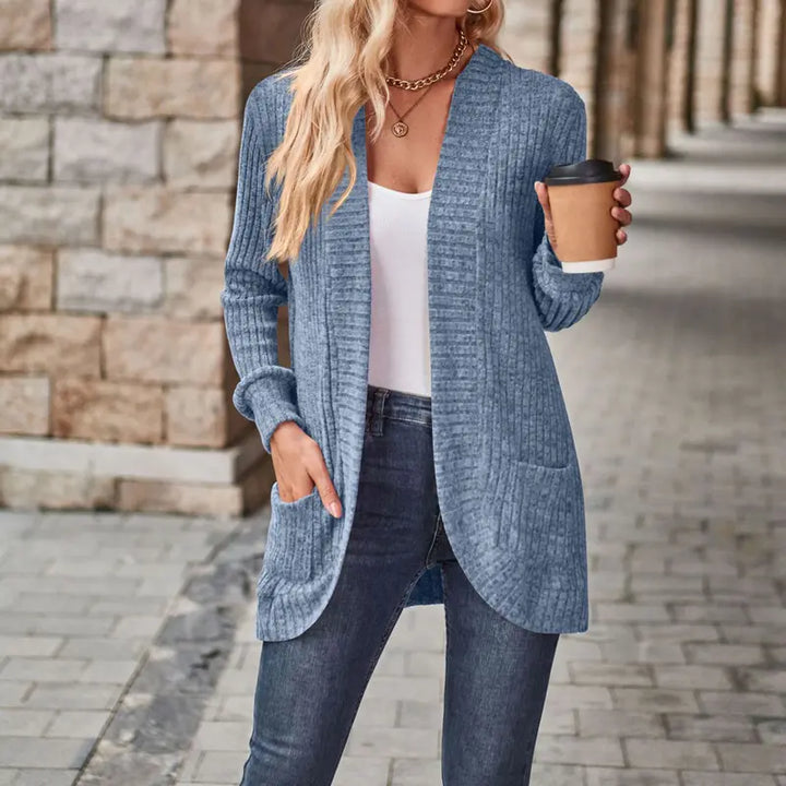 VISSONG Women’s Ribbed Open-Front Curved-Hem Pocket Cardigan