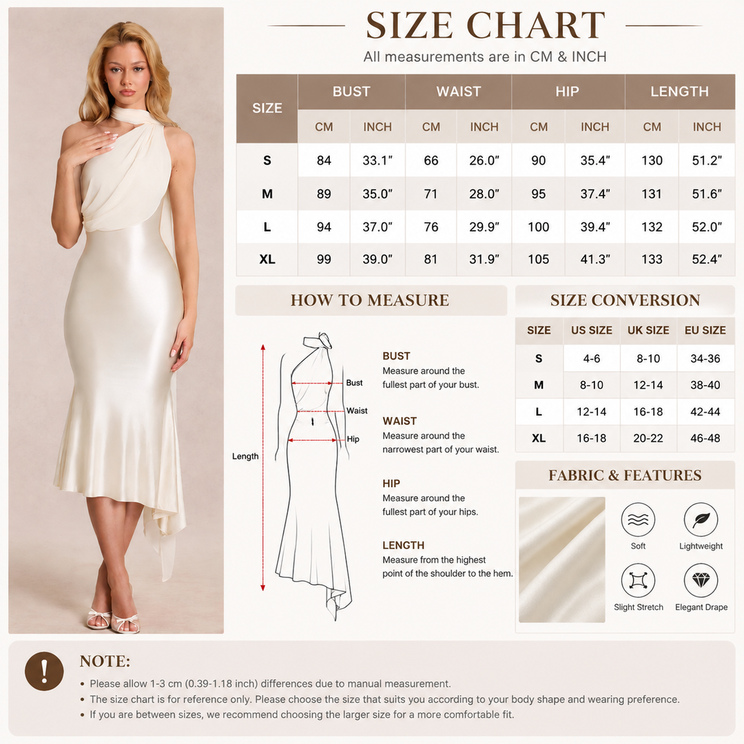 Draped Scarf-Neck Asymmetric Midi Dress
