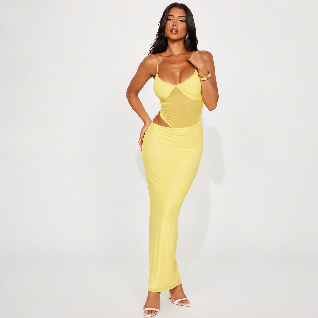 Women’s Ruched Mesh Cutout Maxi Dress