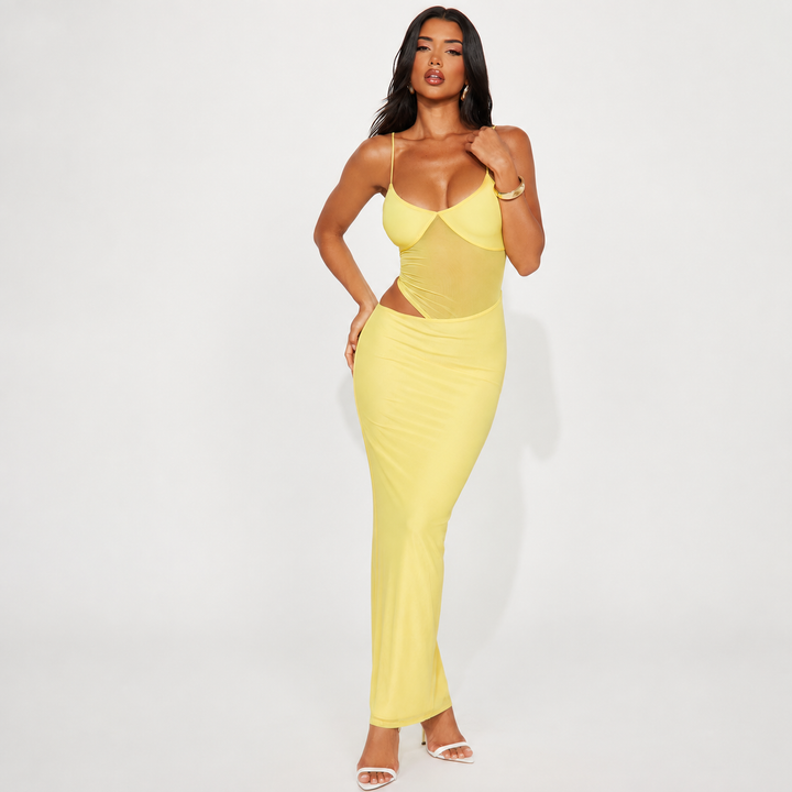 Women’s Ruched Mesh Cutout Maxi Dress