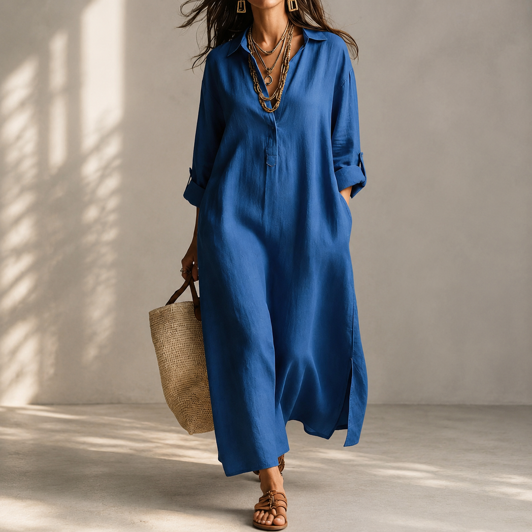 Relaxed Roll-Tab Maxi Shirt Dress
