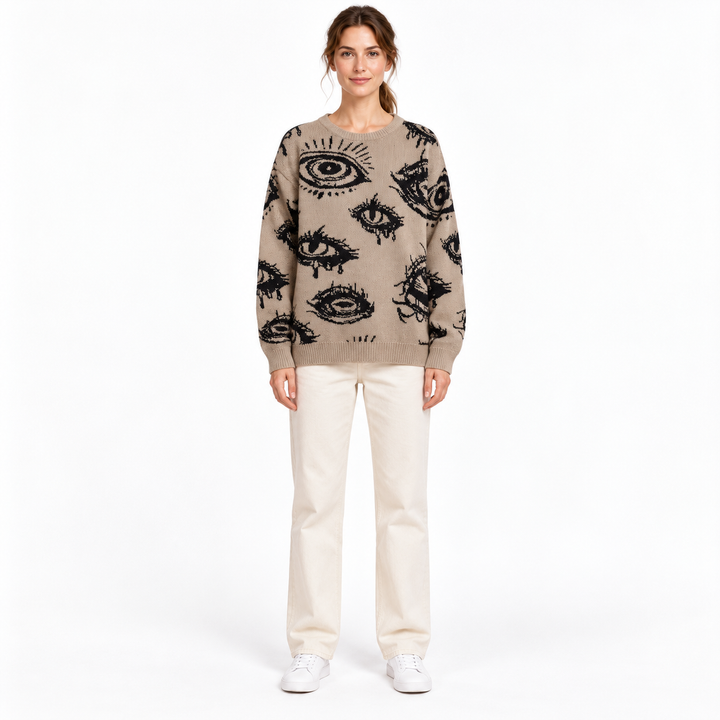 VISSONG Abstract Eye Motif Relaxed Knit Sweater