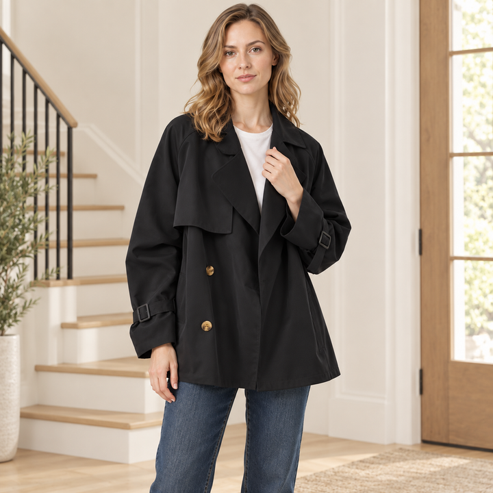 VISSONG Women’s Relaxed Double-Breasted Short Trench Jacket