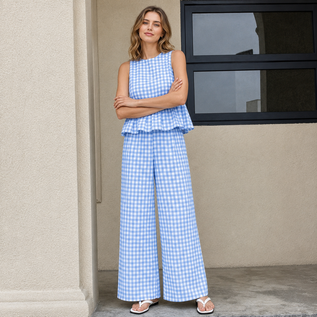 Gingham Peplum Top &amp; Wide-Leg Pants Set