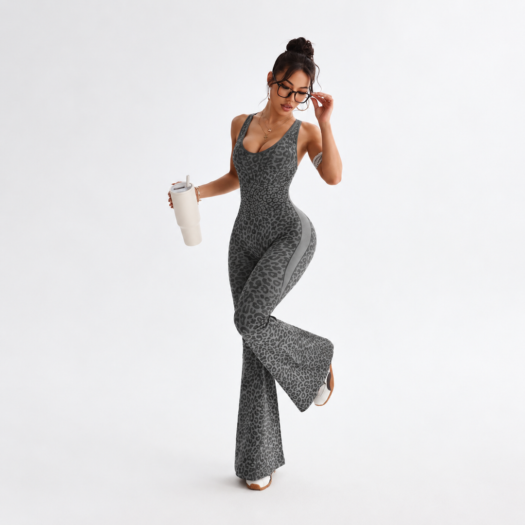 VISSONG Women’s Leopard Print Flare Leg Jumpsuit