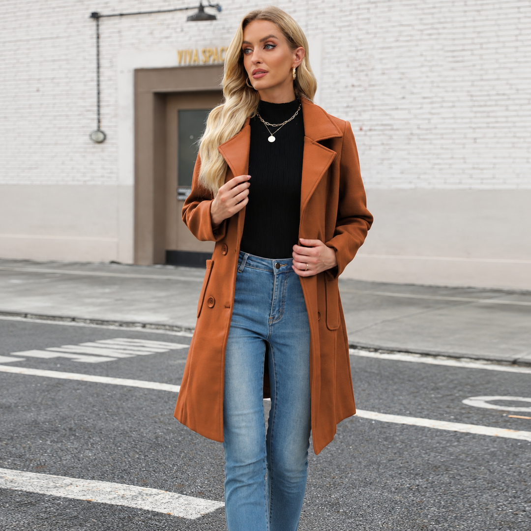 VISSONG Women’s Notched-Lapel Double-Breasted Longline Coat