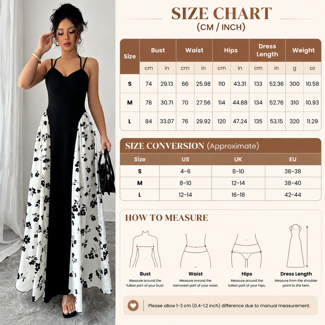 Women’s Sweetheart Contrast Floral-Panel Maxi Dress