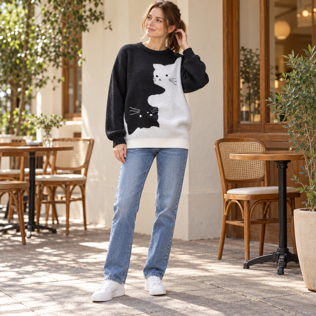 VISSONG Women’s Two-Cat Colorblock Crewneck Knit Sweater