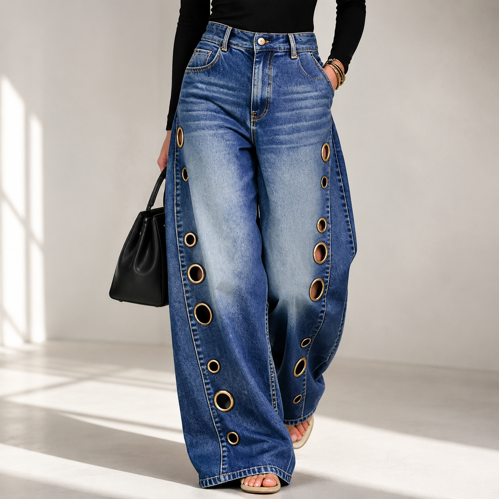 Women's High Waist Eyelet Wide Leg Denim Jeans