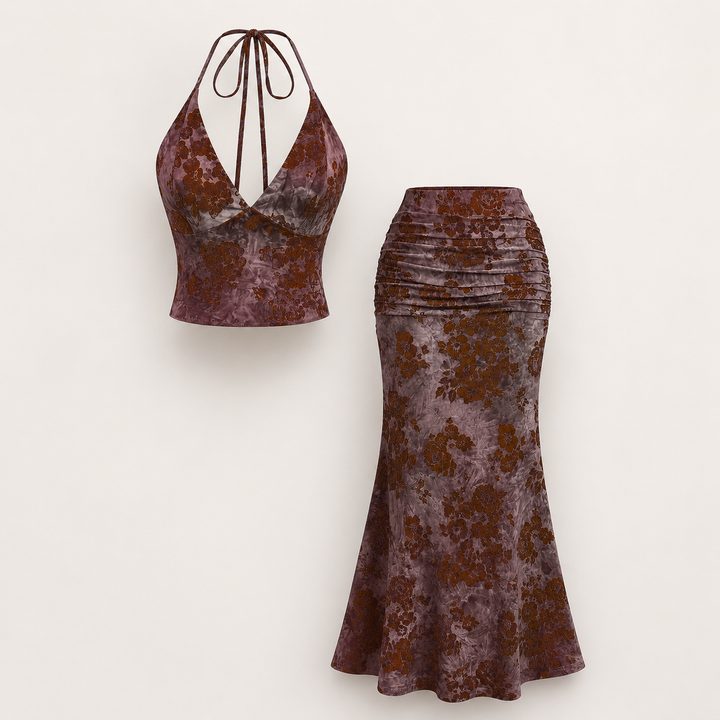 Vintage Floral Halter Top &amp; Maxi Skirt Set