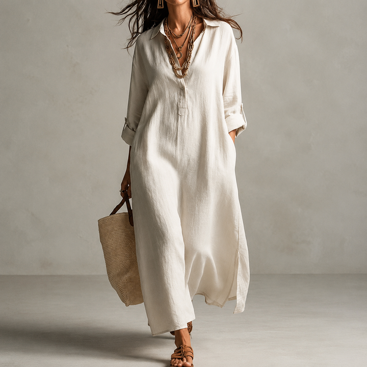Relaxed Roll-Tab Maxi Shirt Dress