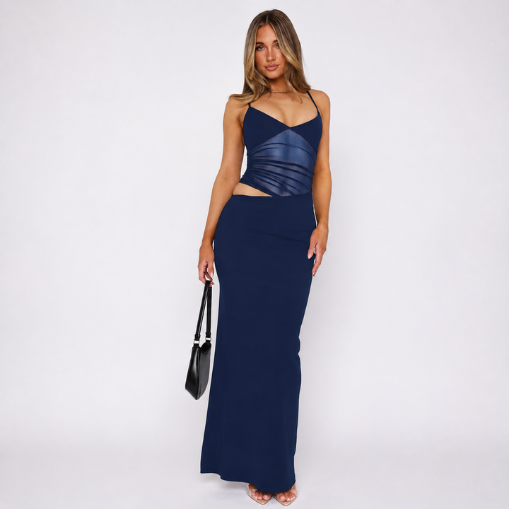 Women’s Ruched Mesh Cutout Maxi Dress