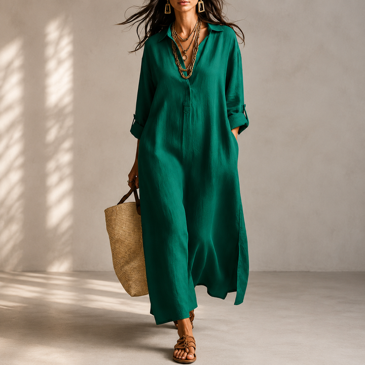 Relaxed Roll-Tab Maxi Shirt Dress