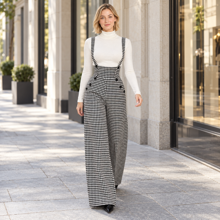VISSONG Women’s Houndstooth Wide-Leg Suspender Pants