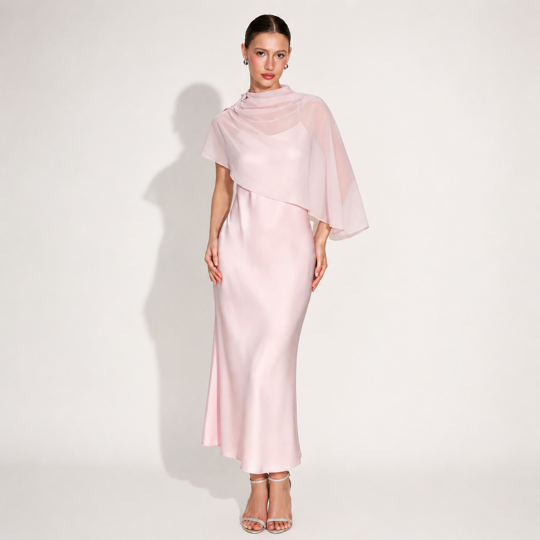 Elegant Sheer Cape Satin Midi Dress