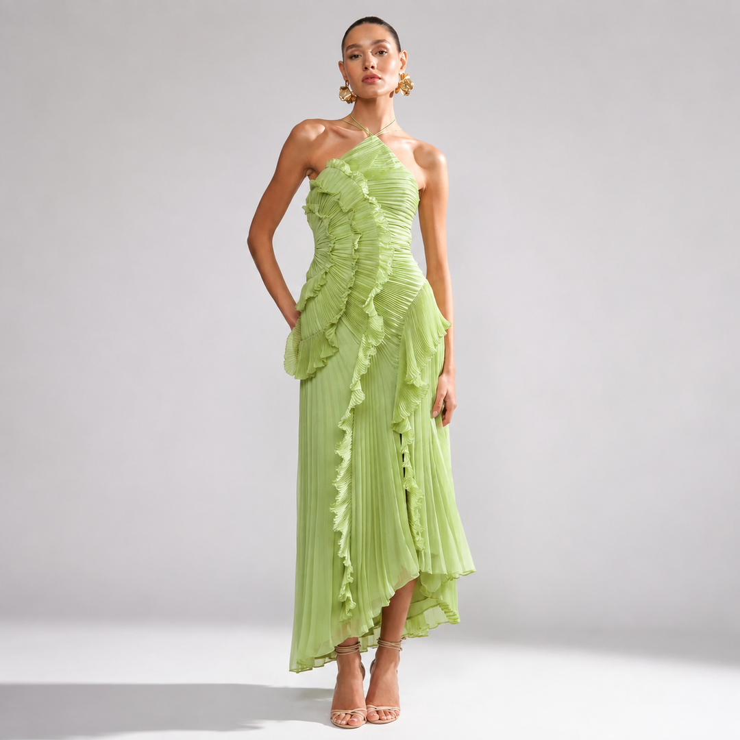Women’s Pleated Halter Ruffle Maxi Dress
