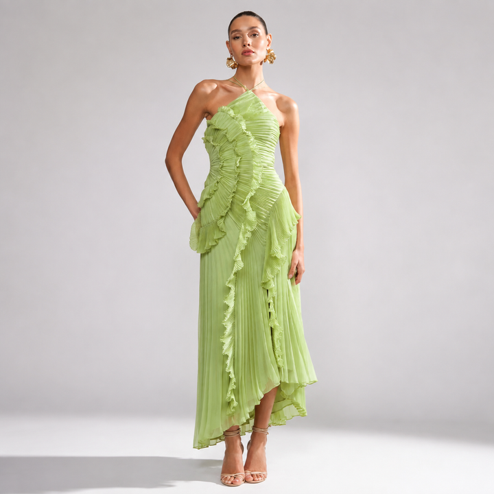 Women’s Pleated Halter Ruffle Maxi Dress