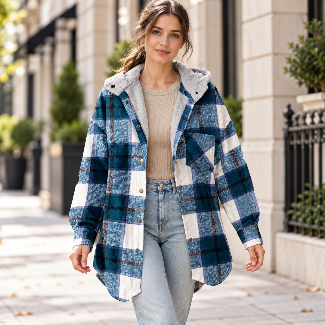 VISSONG Women’s Plush-Hood Plaid Snap-Front Shacket
