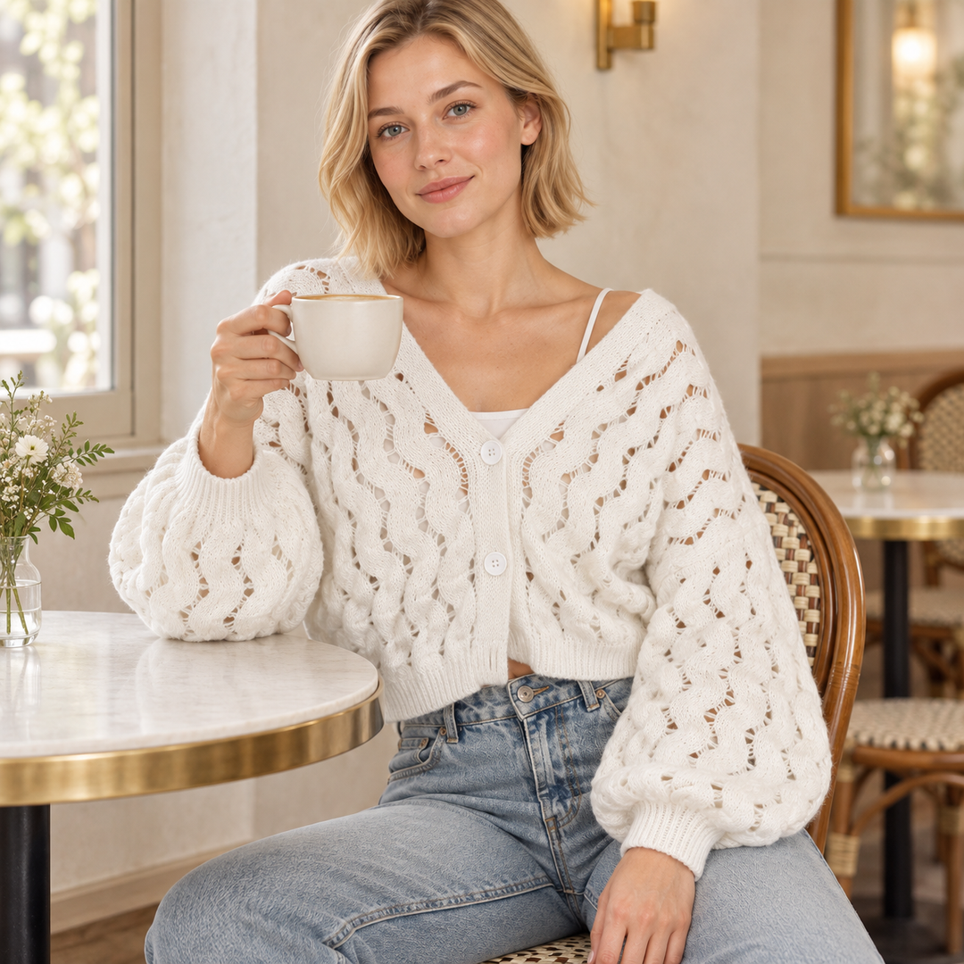 VISSONG Women’s Openwork Cable Knit Balloon Sleeve Cardigan