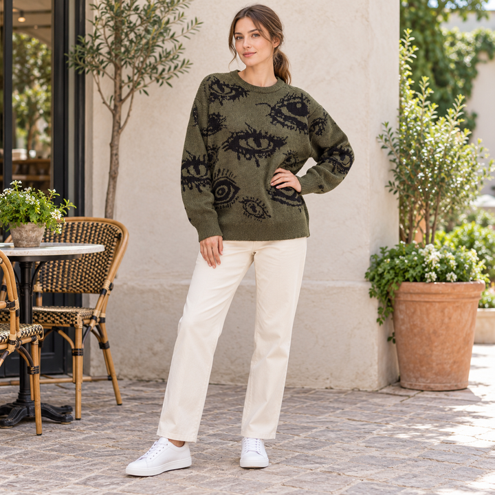 VISSONG Abstract Eye Motif Relaxed Knit Sweater