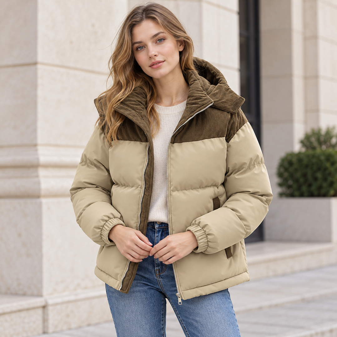 VISSONG Women’s Corduroy-Panel Hooded Puffer Jacket
