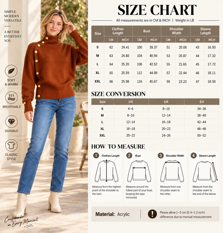 VISSONG Women’s Asymmetric Gold-Button Turtleneck Sweater