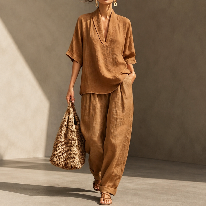 Women’s V Neck Loose Linen Set
