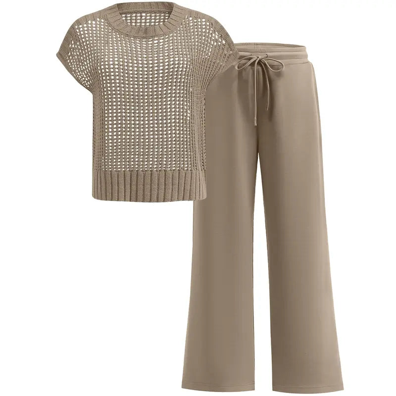 VISSONG Women’s Open-Knit Top Drawstring Wide-Leg Pants Set