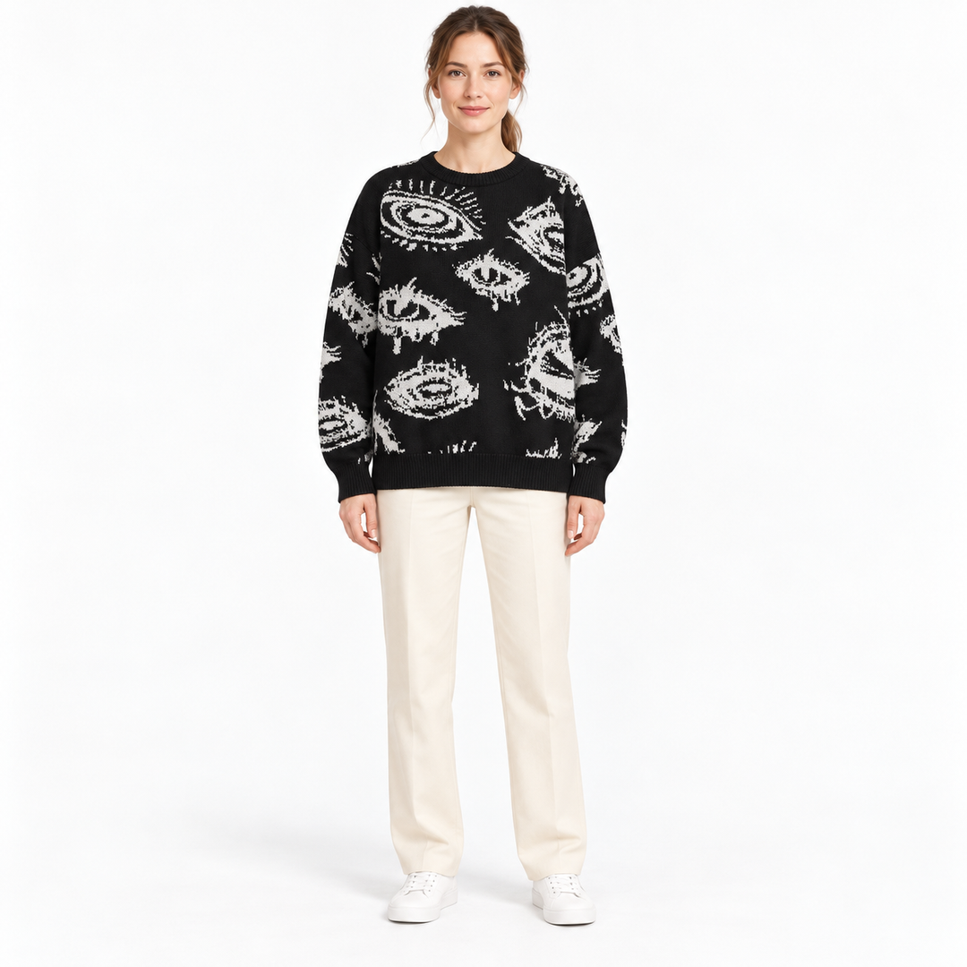 VISSONG Abstract Eye Motif Relaxed Knit Sweater