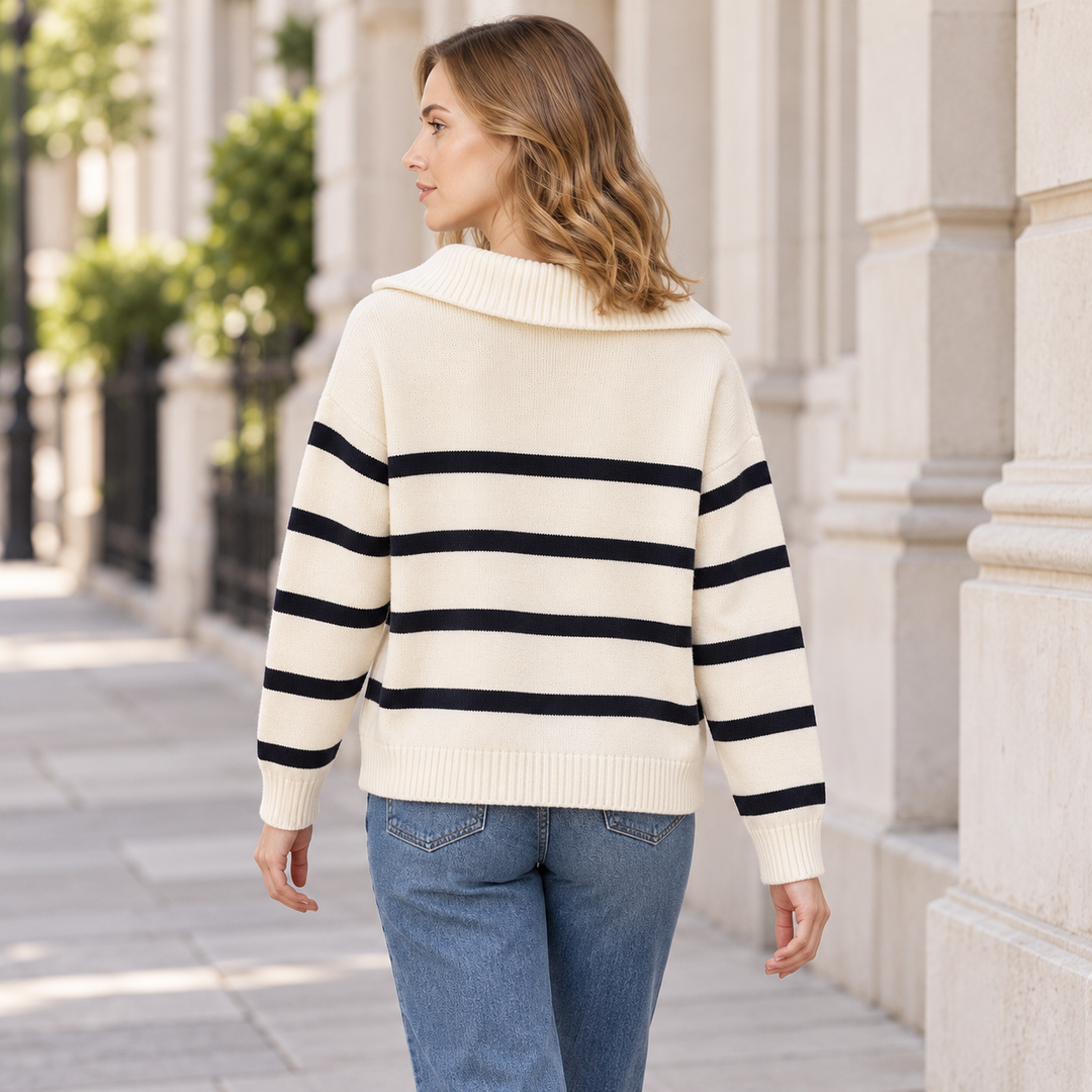VISSONG Women’s Striped Zip-Neck Collared Knit Sweater