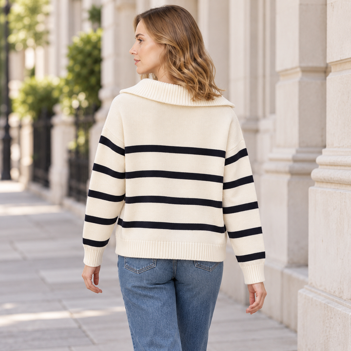 VISSONG Women’s Striped Zip-Neck Collared Knit Sweater