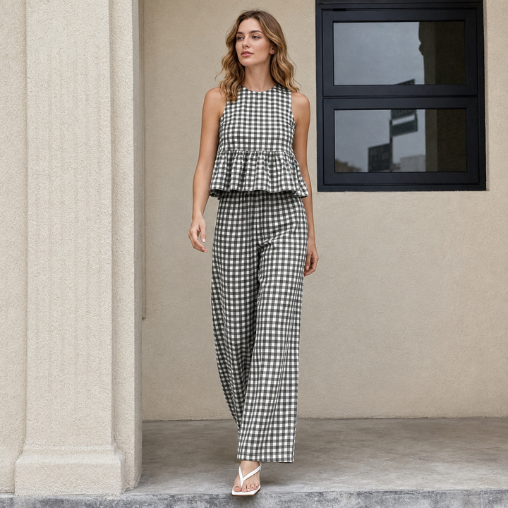 Gingham Peplum Top &amp; Wide-Leg Pants Set